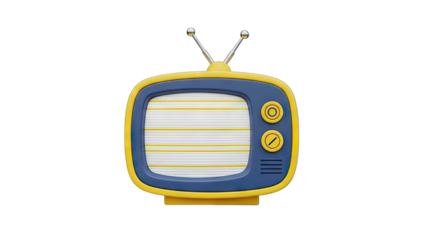 Retro Television Set With Yellow Trim and Blue Casing Featuring Static Screen and Two Antennae on a Transparent Background