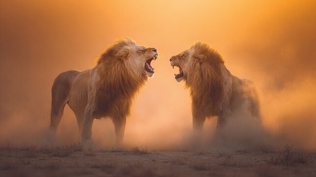 Two majestic lions lock in a fierce face-off amidst a dusty landscape. The dramatic light and intense expressions capture the power and raw emotion of these apex predators.