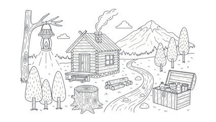 Obraz premium Cabin in nature landscape illustration adventure hiking concept