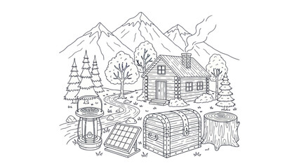 Cabin in the mountains illustration peaceful scene with nature elements