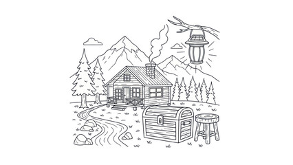 Cabin in the mountains illustration with path lantern and treasure chest