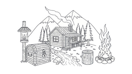 Fototapeta premium Cabin in the mountains with a campfire and treasure chest illustration