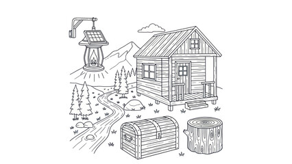 Cabin in the mountains with a path chest and lantern vector illustration