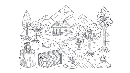 Obraz premium Cabin in the mountains illustration with trees river and landscape elements