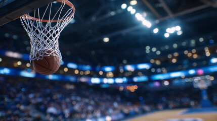 Basketball mid-shot scoring in hoop, close-up on net and ball textures, polished indoor court, vibrant arena lighting, crowd in background softly blurred for depth and motion empha