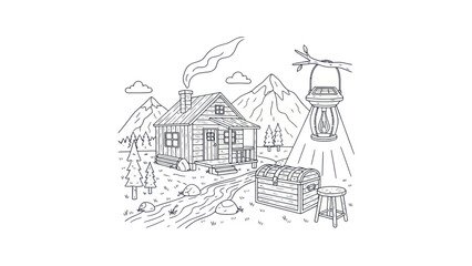 Obraz premium Cabin in the mountains with lantern and treasure chest vector illustration