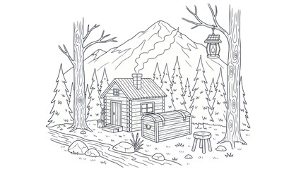 Fototapeta premium Cabin in the woods illustration serene forest landscape with mountain view