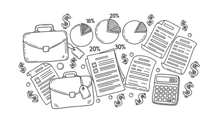 Business and finance icons and symbols in black and white design
