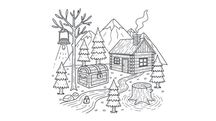 Cabin in the woods illustration trees chest mountains and landscape