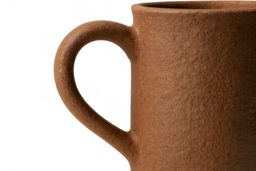 Handmade terracotta mug with rustic texture and handle cutout, traditional pottery craft on transparent background