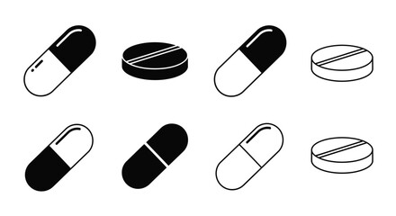 Black and white illustration displaying various pill and tablet shapes