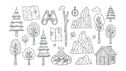 Camping adventure elements hand drawn illustrations of nature and exploration