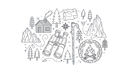 Camping adventure illustration cabin binoculars map mountains and forest