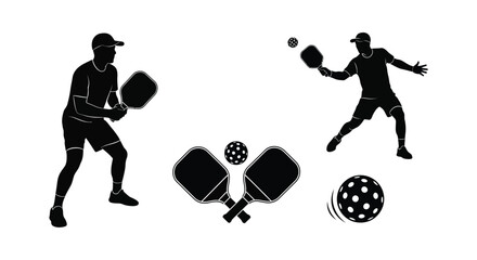 Silhouettes of pickleball players and equipment in a dynamic scene