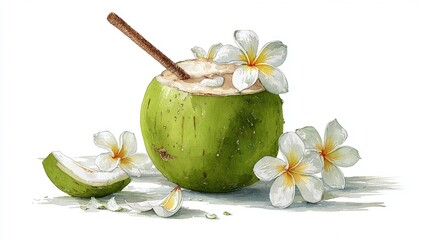 Watercolor painting of a fresh, green coconut drink with a straw and plumeria blossoms. Exotic summer refreshment, tropical vibe, and artistic design. Quench your thirst!