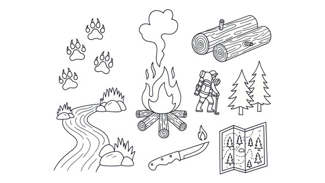 Camping adventure illustration featuring campfire trees map and paw prints