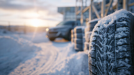 Macro perspective of winter tires in snow, stacked in a neat row, ice and frost embedded in treads, soft winter sunlight reflecting off rubber surfaces, conveying preparedness for