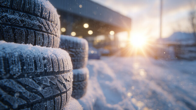 Macro perspective of winter tires in snow, stacked in a neat row, ice and frost embedded in treads, soft winter sunlight reflecting off rubber surfaces, conveying preparedness for - Powered by Adobe