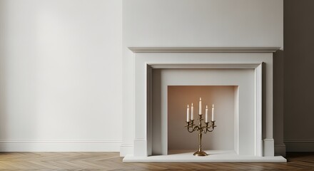 Obraz premium Elegant white fireplace with a lit brass candelabra standing in a minimalist empty room, perfect for a cozy home decor concept