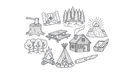 Fototapeta premium Camping and adventure illustrations campfire cabin trees and map design