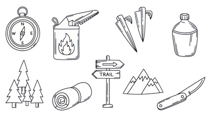 Camping and hiking equipment outlined vector illustration for outdoor recreation