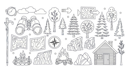 Camping and hiking themed vector illustration elements for design
