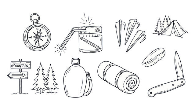 Camping and hiking equipment illustration set in hand drawn style