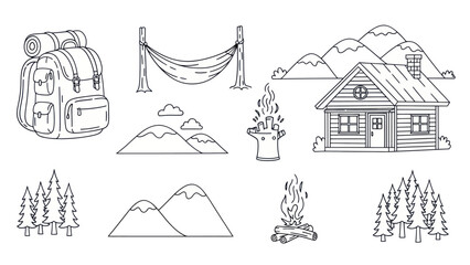 Fototapeta premium Camping and hiking themed vector illustration set for outdoor adventures