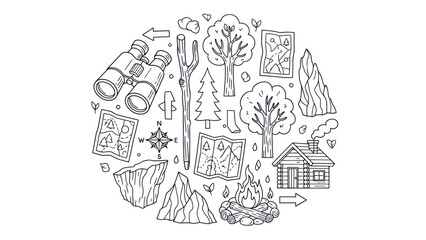Camping and hiking themed black and white illustration elements © Efan