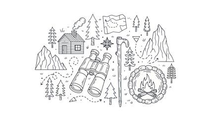 Obraz premium Camping and hiking icon set with mountain and forest elements vector