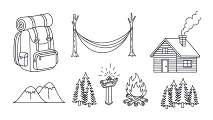 Camping and hiking themed icons in black and white for design elements © Efan