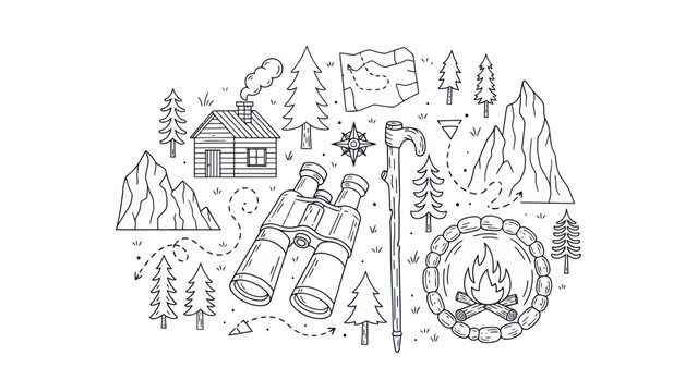 Camping and hiking icon set with mountain and forest elements vector