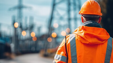 Rear view of an engineer at an electrical substation in an orange safety uniform