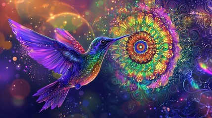 Colorful hummingbird flying near a bright mandala design at night