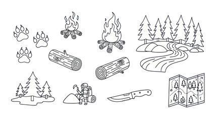 Camping and hiking themed vector illustrations outdoor adventure elements © Kurni