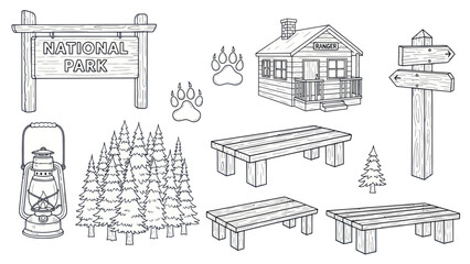 Naklejka premium Camping and national park elements hand drawn vector illustration set