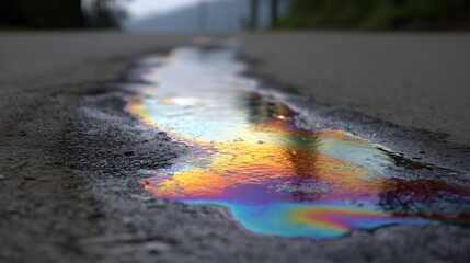 Naklejka premium The vibrant rainbow colors of a fuel spill on black asphalt