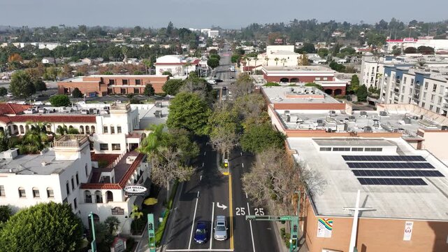 Fullerton, California, USA - Aerial View of Harbor Blvd in Downtown Orange County With Bars and Restaurants 