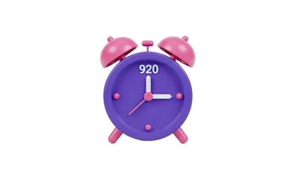 Retro Alarm Clock With Purple Face Pink Bells And Hands Displaying 920 Isolated On Transparent Background Simple Timepiece Object For Graphic Design