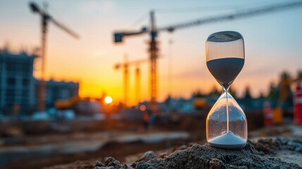 White sand hourglass on dirt at sunset symbolizing time constraints in business