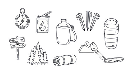 Camping and outdoor adventure equipment illustrations isolated on white