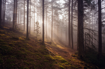 Sunlight rays filtering through a misty pine forest on a hillside. Soft morning light, mossy ground and calm natural atmosphere in woodland.