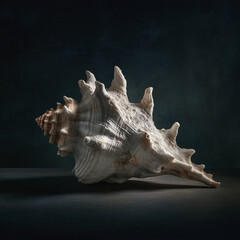 Large seashell displayed on a dark background with dramatic directional light. Minimal still life emphasizing natural texture and sculptural form.