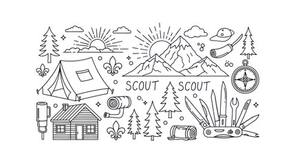 Camping and outdoor adventure themed monochrome illustration elements