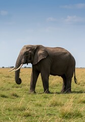 Obraz premium A massive African bush elephant grazes peacefully on savanna grasses beneath a wide open sky, showcasing its immense size and gentle nature, grazing, jumbo, grey