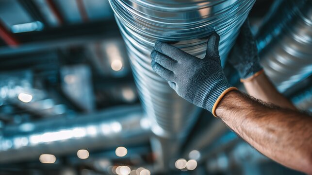 Construction worker installing a circular metal air ventilation duct on a ceiling