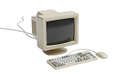 Retro beige computer monitor keyboard and mouse with cables connected on a transparent background a vintage technology setup