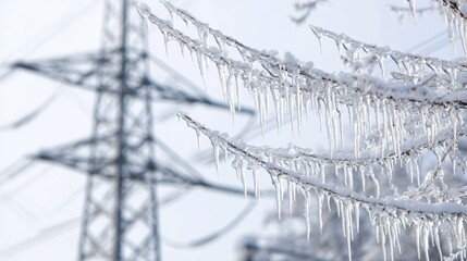 Branches covered in ice and sharp icicles with a large transmission tower