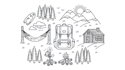 Camping and outdoor recreation elements outlined in black and white