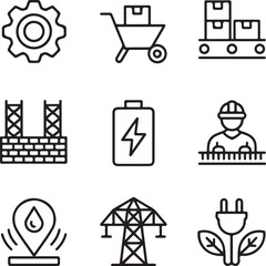 Factory Icon Set. Featuring icons for industry, productivity, warehouse, technician, distribution, illustration, manufacture, process, set, collection, machinery, industrial,
